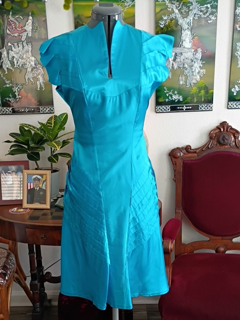 Amin Phillips 100% Silk Blue Teal Dress Size Extra Small